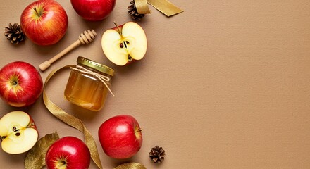 Apples and Honey on a Brown Surface Rosh Hashanah Symbols