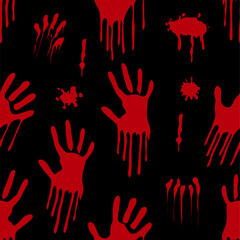 Seamless horror pattern with red bloody handprints and splatters on black. Perfect for Halloween, thriller themes, and horror party decor.