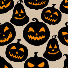 Seamless pattern of carved Halloween pumpkins with scary faces. Ideal for spooky party designs, wrapping paper, and Halloween-themed products.