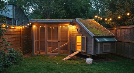 Cozy chicken coop with warm lighting in backyard garden at dusk  