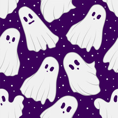 Seamless Halloween pattern featuring white cartoon ghosts on a purple starry background. Fun and spooky design for kids' Halloween projects.