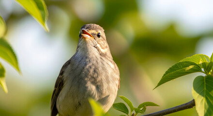 Fototapeta premium small bird perched on branch in spring sunlight