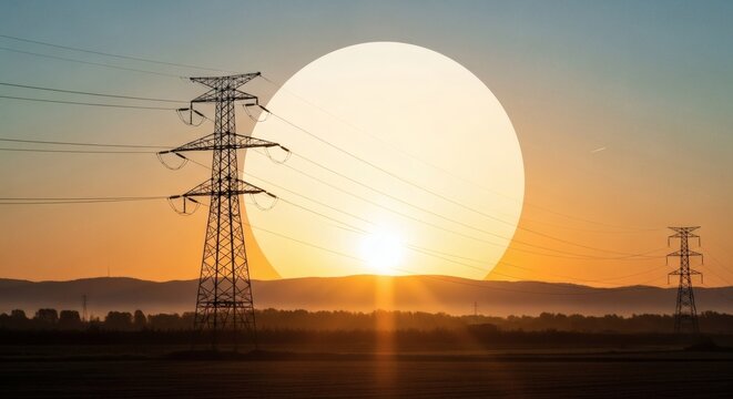 Sunset with electricity pylons in the foreground