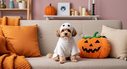 Dog wearing ghost costume sitting on couch with Halloween decorations  