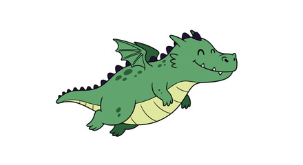Chubby green baby dragon happily soaring through the sky with its wings spread wide