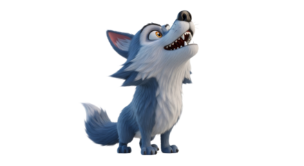 A cartoon wolf stands howling with its mouth open, looking upwards against white.
