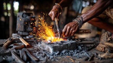 A blacksmith blowing on ember
