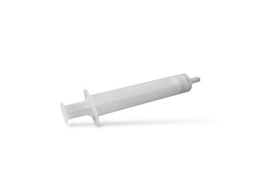 plastic bottle opene Empty plastic syringe without needle, transparent white, used for medical or laboratory purposes. Photo taken against a white background.