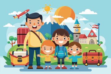 Family adventure with kids in a vibrant cartoon landscape highlighting travel, mountains, and playful moments under a sunny sky
