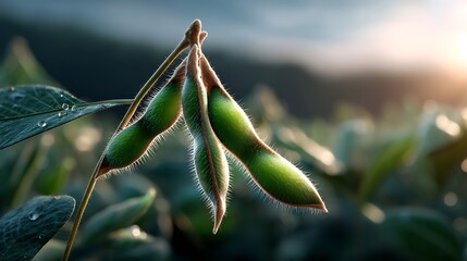 Close-up of soybean pods and leaves at sunrise showcasing agricultural field