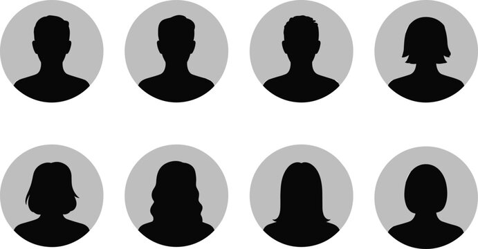 User profile avatar icon set, male and female silhouette, headshot placeholder, round frame, vector illustration for web and apps