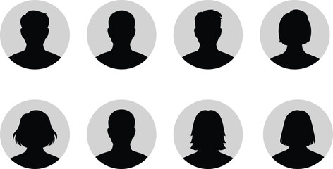 Silhouette avatar icon set, male and female profiles, round frame user icons, default headshots, blank photo placeholder, vector design