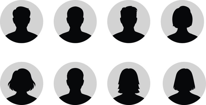 Silhouette avatar icon set, male and female profiles, round frame user icons, default headshots, blank photo placeholder, vector design