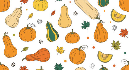 A festive autumnal pattern featuring a vibrant assortment of colorful gourds and squash in various shapes and sizes scattered across a white background
