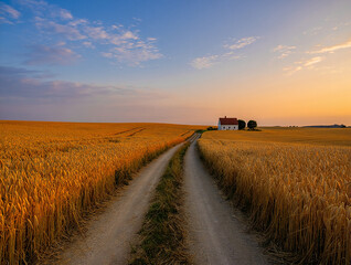 Golden wheat field path towards rural house rural landscape