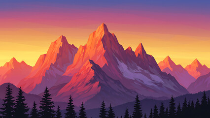 Stunning Sunset Over Stylized Mountains and Lush Pine Tree Forest Landscape
