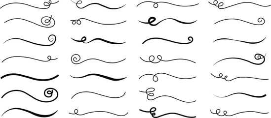 Decorative swirl divider ornament vectors collection, black curly lines for elegant designs, calligraphy borders, flourishes, page decoration, vintage scroll frame elements and embellishments.