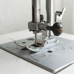 Metal sewing machine foot close-up. Atelier, clothing industry