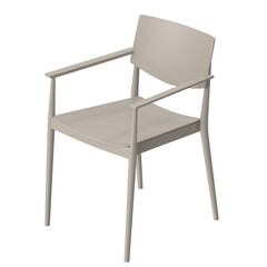 Three-Quarter Front View of a modern taupe dining chair with armrests, isolated. 3D render.
