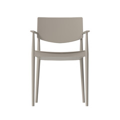 Straight front view of a modern taupe dining chair with armrests, isolated. 3D render.