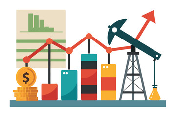 Graph showing price limit of oil per barrel with oil rig and financial symbols illustrating market trends