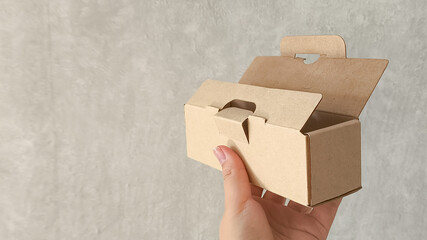 female hands holding a small cardboard box on a white background. packaging and delivery concept, top view
