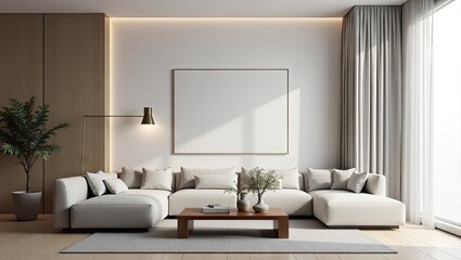 Fototapeta premium Modern minimalist living room with light beige sectional sofa, wooden coffee table, large framed artwork, floor lamp, potted plant, and sheer curtains, showcasing a calm and airy ambiance
