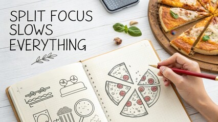 Creative Illustration of Pizza with Note About Split Focus Concept