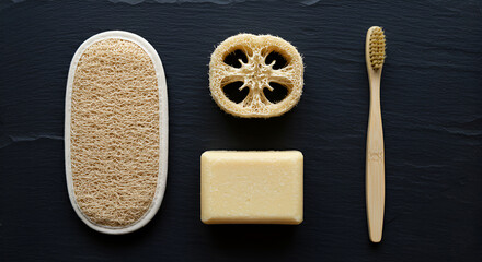 Fototapeta premium Natural bath essentials on dark stone