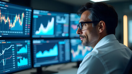 Fototapeta premium Man analyzing business dashboard on multiple screens