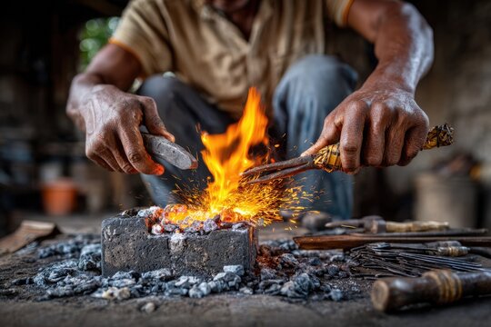 A blacksmith blowing on ember