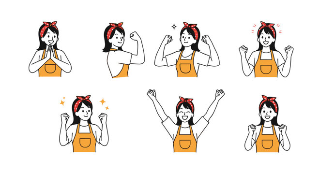 Illustrations of a woman showing different positive emotions and actions with her body language and facial expressions conveying feelings of joy and confidence in her work