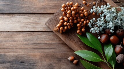 Naklejka premium Captivating autumn-themed rustic wooden backdrop adorned with pumpkins, acorns, leaves, and red berries setting a fall atmosphere