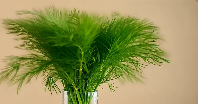 A vibrant green dill herb bouquet in a clear glass vase against a soft beige background