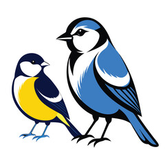Colorful Bird Duo A Blue Tit and a Great Tit Perched Together in Artistic Illustration