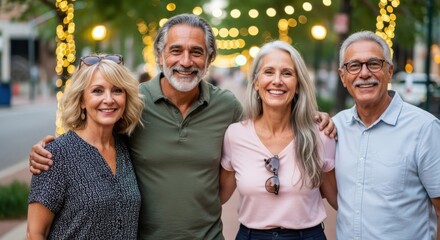 A diverse group of four smiling friends enjoying an outdoor evening stroll
