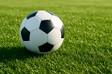 A white and black soccer ball rests on a green grass field, ready for the game