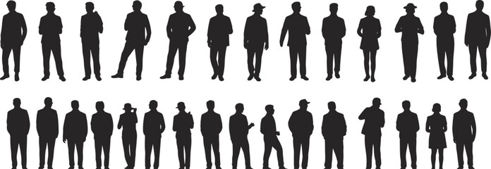 Silhouettes of business people, male and female standing poses, professional team, vector illustration, corporate characters, office dress clipart