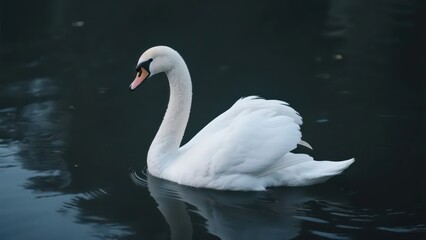 A mute swan swims gracefully on the water. Its white feathers contrast sharply with the dark lake water, showing a quiet beauty.
