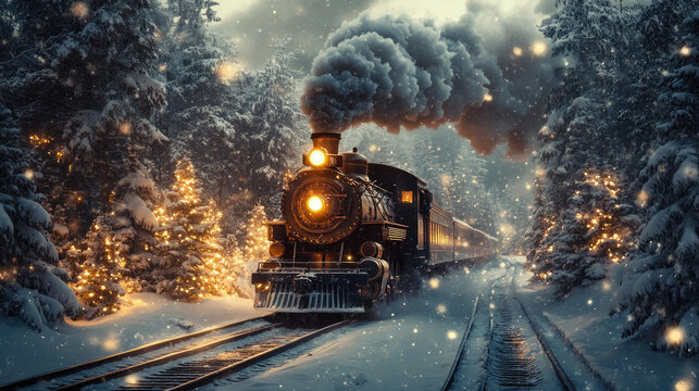 Concept of a New Year's red locomotive moving along a snow-covered railway with snow-covered roads and fir trees on both sides, creating a festive 2026 Christmas and New Year card scene copy space