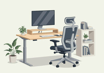 A clean flat vector of a well-organized home workspace with ergonomic furniture and modern decor. Great for productivity content, remote work tips, and tech blogs.
