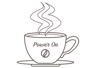 Stylized Coffee Cup with Power On Text and Coffee Bean Icon Line Art