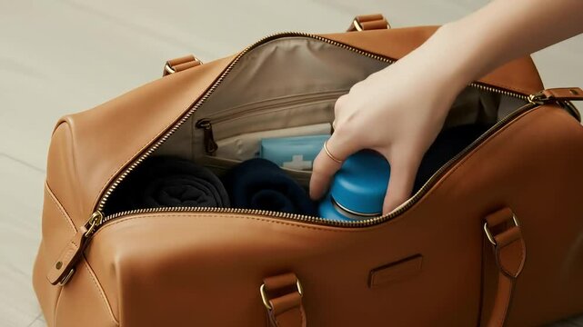Close Up Of Tan Leather Duffle Bag Unzipped, Hand Reaching For Blue Water Bottle