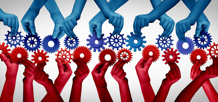 Two Business Groups Working Together as Team collaboration concept and connecting unity or teamwork idea as a business metaphor for joining a partnership as bipartisan joint venture.