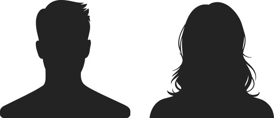 Male and female avatar silhouette icons, black profile symbols, flat design vector, blank face placeholders, anonymous person illustrations