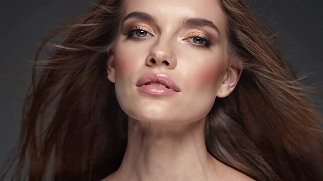 Brunette woman with glowing skin, long flowing brown hai and golden makeup