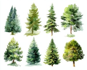 Obraz premium Hand-Painted Watercolor Fir Tree Collection. Isolated Summer Botanicals on White Background