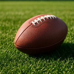 A brown leather American football with white laces rests on a green grass field, ready for a college game