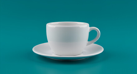 White coffee cup and saucer on teal background
