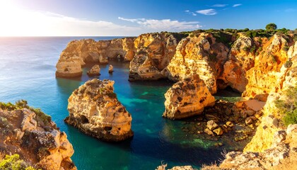 Coastal cliffs meet turquoise water at sunrise